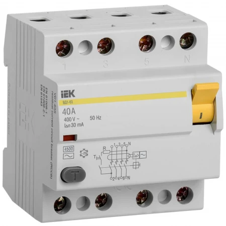 Выключатель дифференциальный (УЗО) ВД1-63 4Р 40А 30мА IEK MDV10-4-040-030